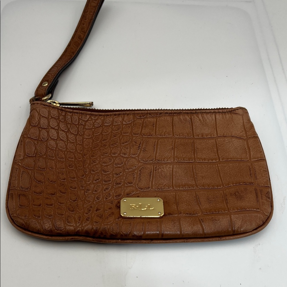 RLL Ralph Lauren Croc-Embossed Leather Wristlet – Brown – Gold Hardware